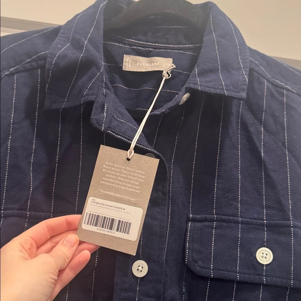 NWT Everlane The Classic Cotton Flannel Button down Stripe Navy Blue medium - Picture 2 of 3